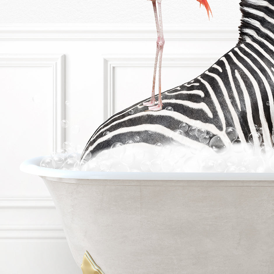 a zebra in a bathtub with a flamingo standing on top of it