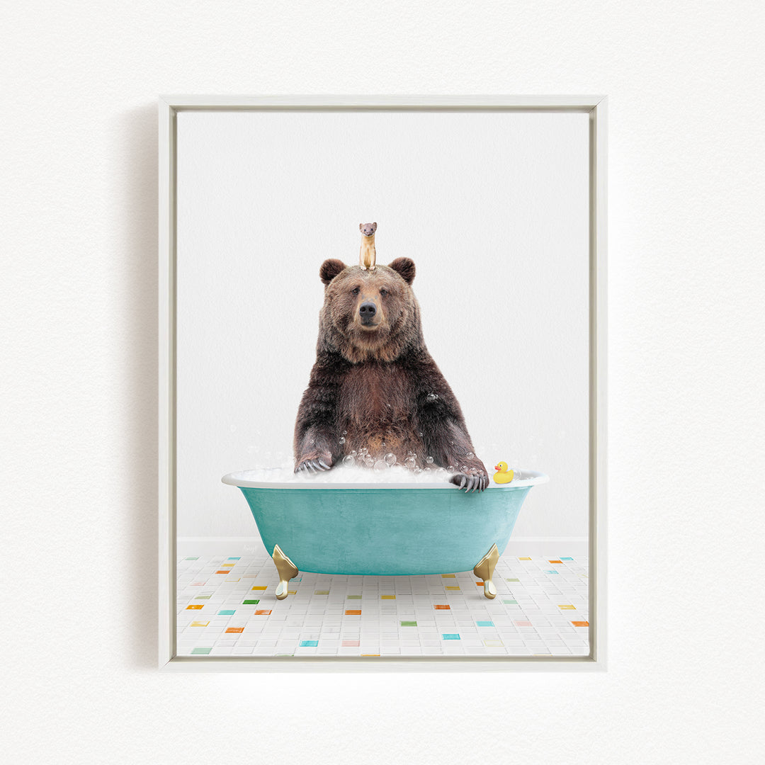 A large brown bear sitting in a blue bathtub, with a small bird perched on its head.