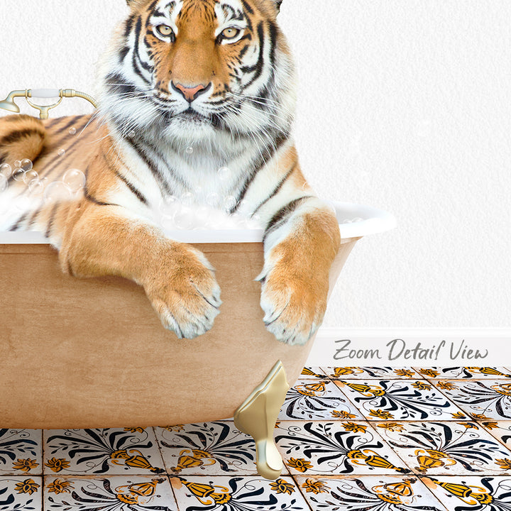 A tiger is sitting in a bathtub filled with water, surrounded by a patterned tile floor.