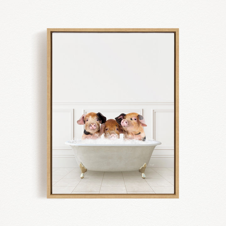 Three adorable pigs sitting in a white bathtub, enjoying a relaxing bath together.
