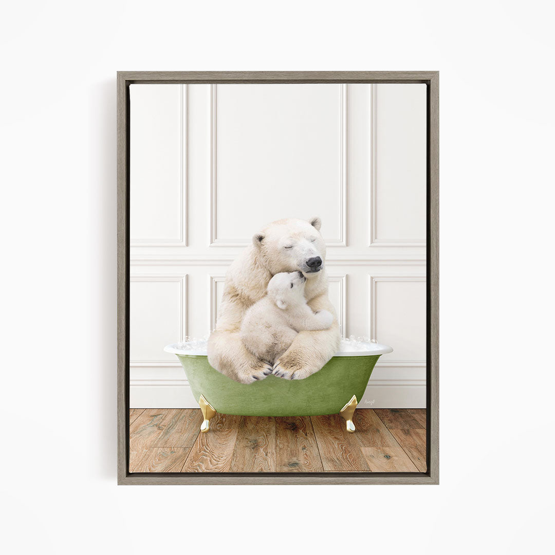 A polar bear sitting in a green bathtub, with another polar bear resting on its lap, against a white wall.
