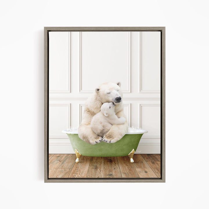 A polar bear sitting in a green bathtub, with another polar bear resting on its lap, against a white wall.