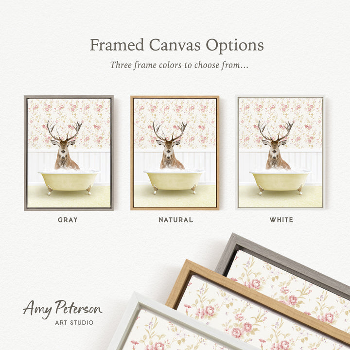 The image is a framed canvas option showcasing three different framed canvas options for a deer bath. The options include a gray, natural, and white frame.