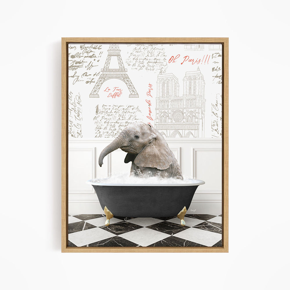 A framed image depicting an elephant sitting in a bathtub filled with water, surrounded by various architectural drawings and text.