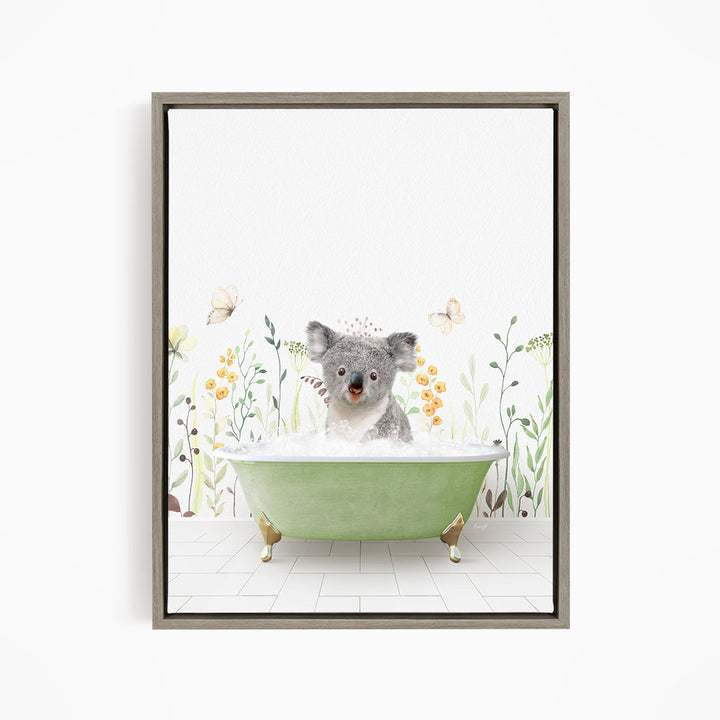 A koala bear sitting in a green bathtub filled with bubbles, surrounded by flowers and butterflies.