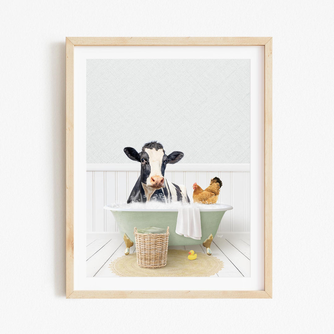 A black and white cow is sitting in a green bathtub, surrounded by a chicken and a duck, creating a whimsical and playful scene.