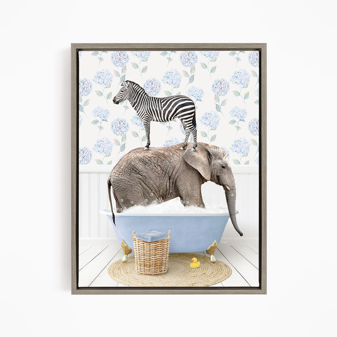A zebra stands on the back of an elephant, both in a blue bathtub filled with water, with a basket of rubber ducks nearby.