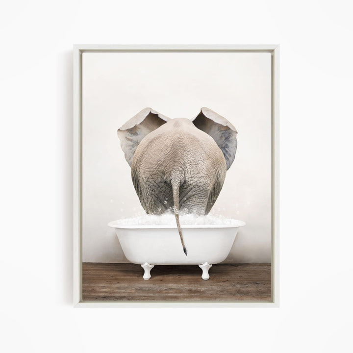 A gray elephant is standing in a white bathtub filled with water, with its back turned to the viewer.