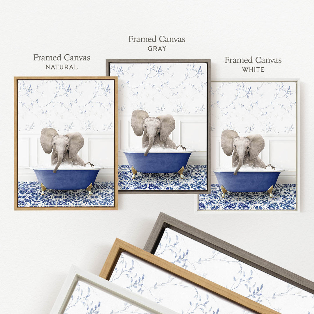 a framed picture of an elephant sitting in a blue bathtub, with three different colored frames displayed side by side.