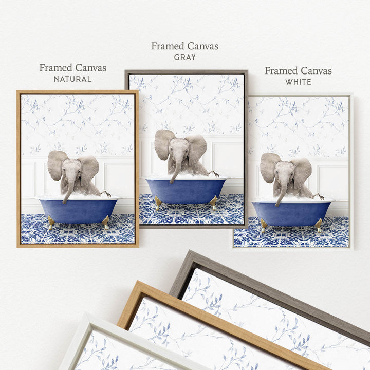 a framed picture of an elephant sitting in a blue bathtub, with three different colored frames displayed side by side.
