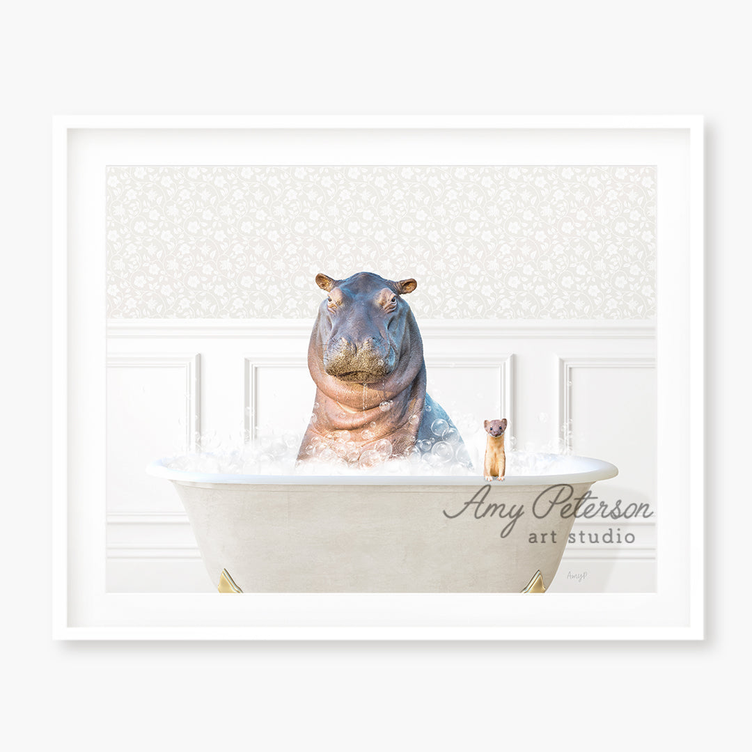 a hippopotamus in a bathtub with a dog in it