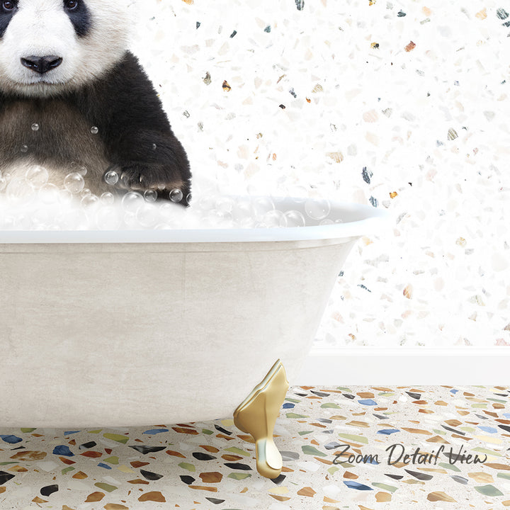 A panda bear sitting in a bathtub filled with bubbles, with a mosaic floor in the background.