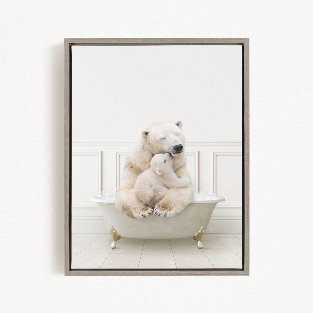 A mother polar bear and her cub cuddling in a bathtub, with the mother bear's head resting on the cub's back.