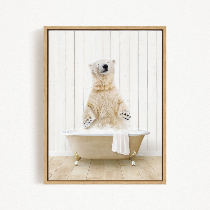 A polar bear standing in a bathtub filled with water, with its paws raised in the air.