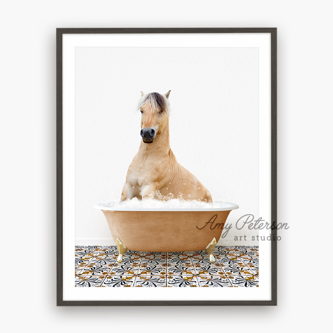 a horse sitting in a bathtub with foam on it