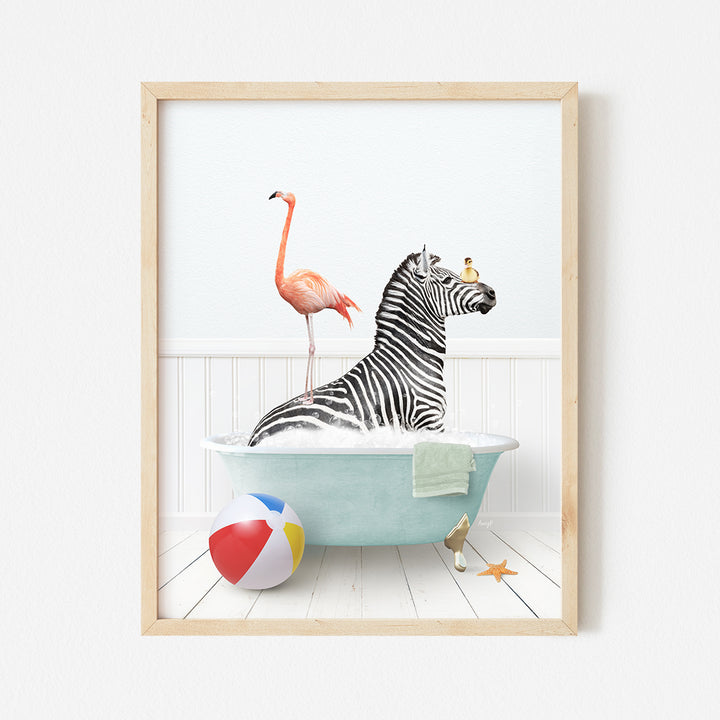 a picture of a zebra and a flamingo in a bathtub