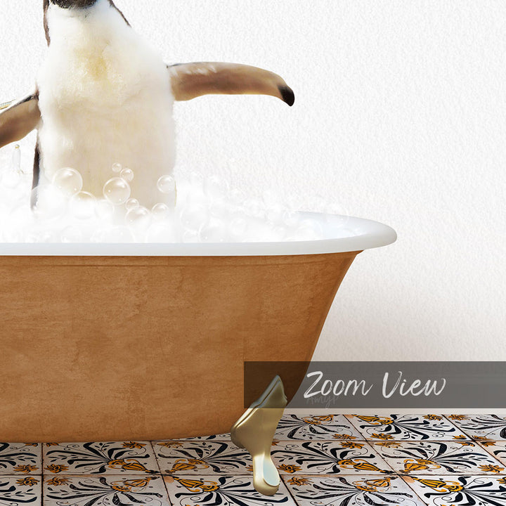 A penguin standing in a bathtub filled with bubbles, with a text overlay that reads "Zoom View".