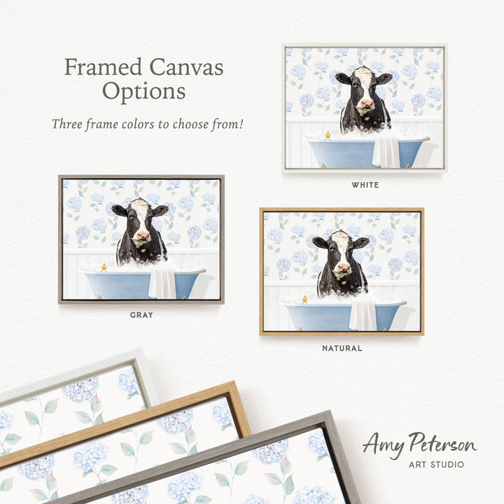The image is a framed canvas with three different options for the color of the frame: white, gray, and natural. The cow image is displayed in each frame, and the text provides information about the frame colors available.