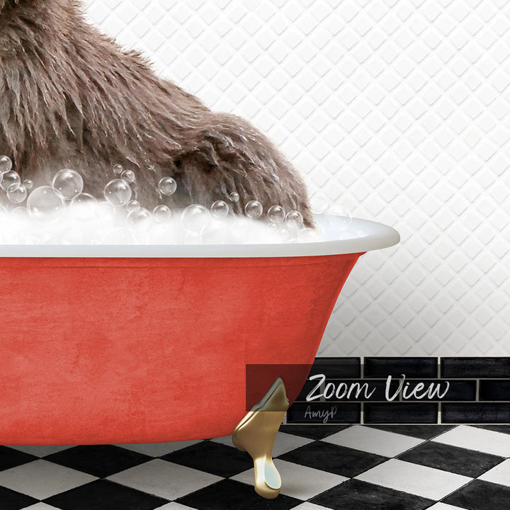 A large, furry brown dog is sitting in a red bathtub filled with bubbles, with a black and white checkered floor in the foreground.