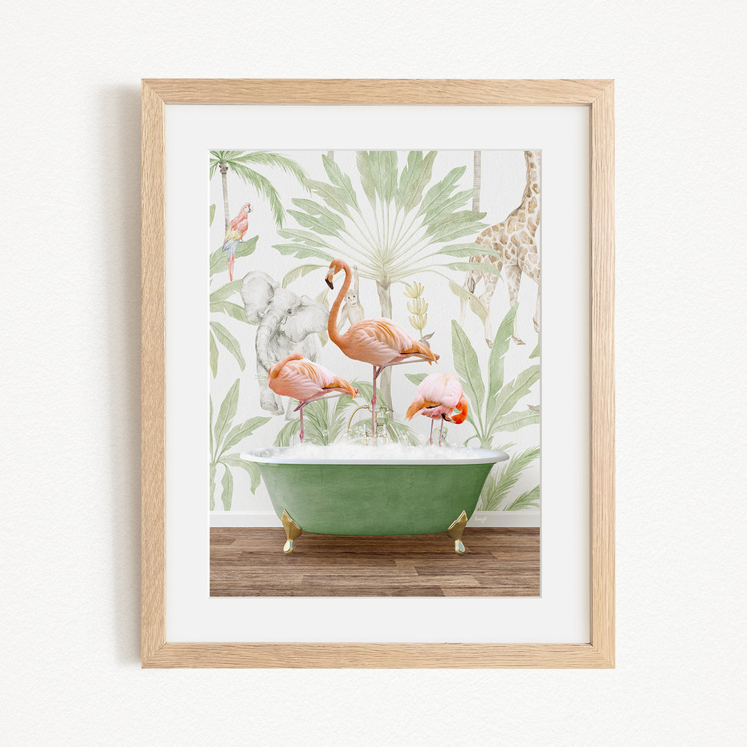 A framed print depicting a group of flamingos standing in a green bathtub, surrounded by tropical foliage.