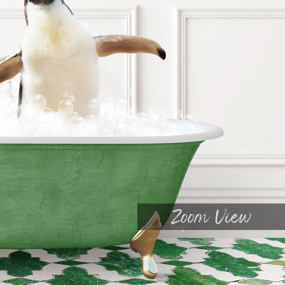 A penguin standing in a green bathtub filled with bubbles, with a white wall and a patterned floor in the background.
