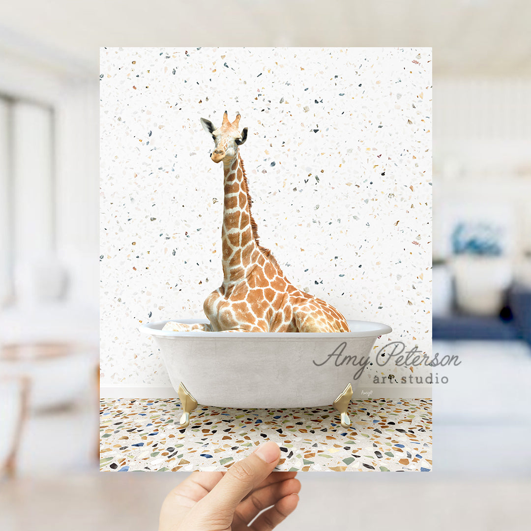 a giraffe is sitting in a bath tub