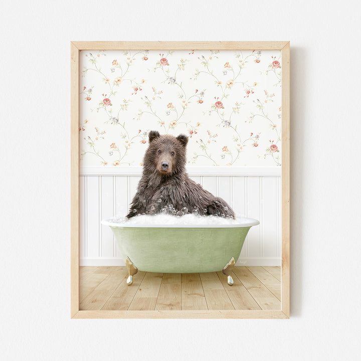 a dog sitting in a bathtub with a flowered wallpaper behind it