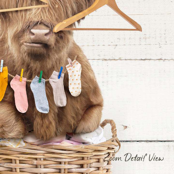 A furry animal, possibly a yak or a cow, is sitting in a wicker basket and hanging socks on a clothesline.