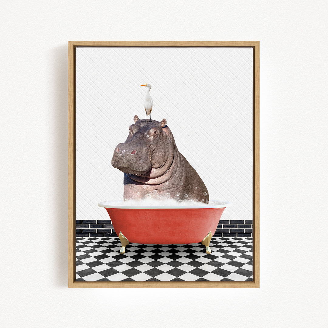 A hippopotamus sitting in a red bathtub, with a white bird perched on its head.