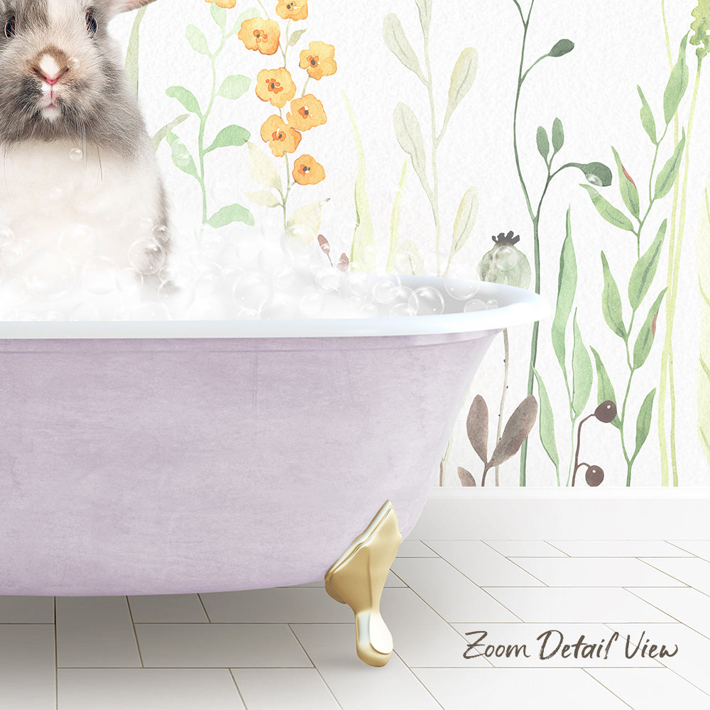 A small rabbit sitting in a bathtub filled with bubbles, surrounded by a floral wallpaper.
