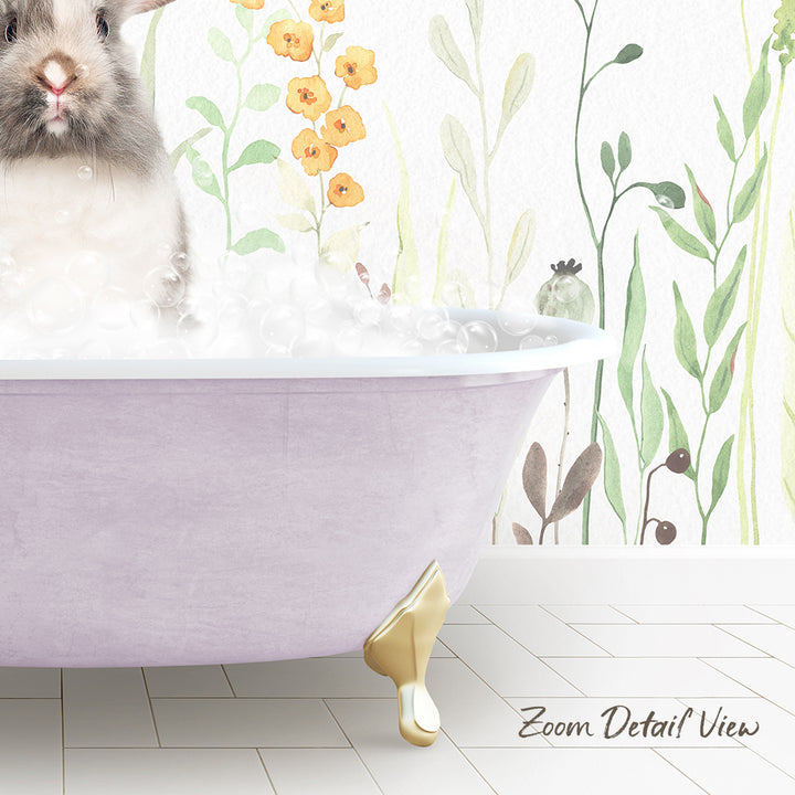 A small rabbit sitting in a bathtub filled with bubbles, surrounded by a floral wallpaper.