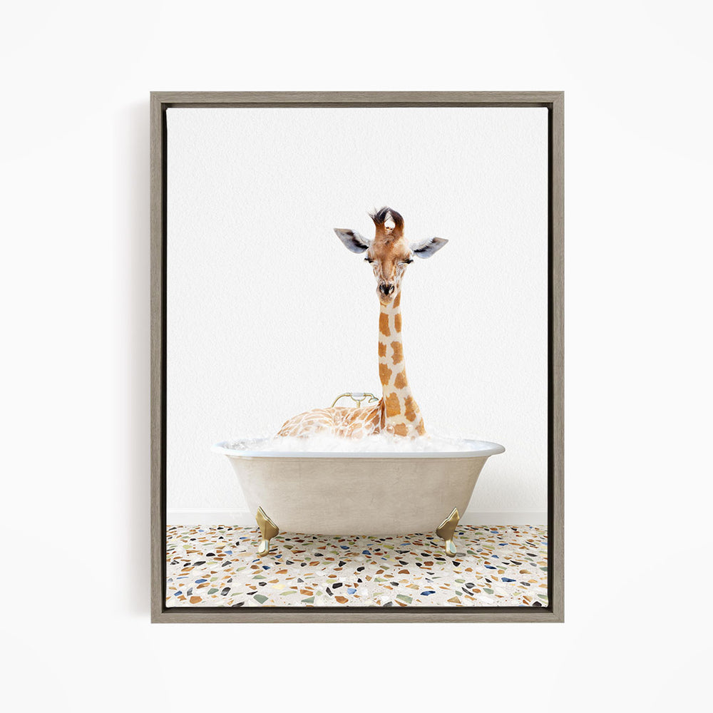 A giraffe is sitting in a white bathtub filled with water, creating a whimsical and playful scene.