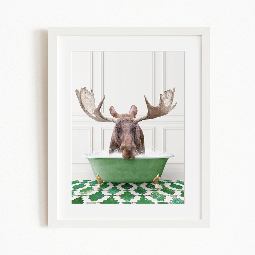 A moose with large antlers is sitting in a green bathtub, surrounded by a patterned green and white rug.