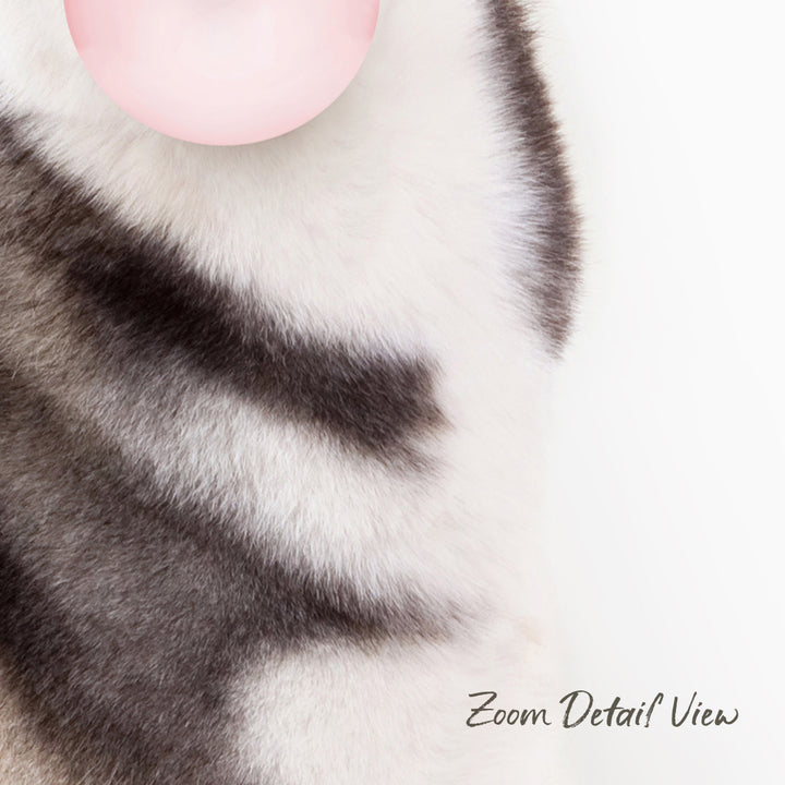 A close-up of a cat's fur, with a pink bubble in the background.