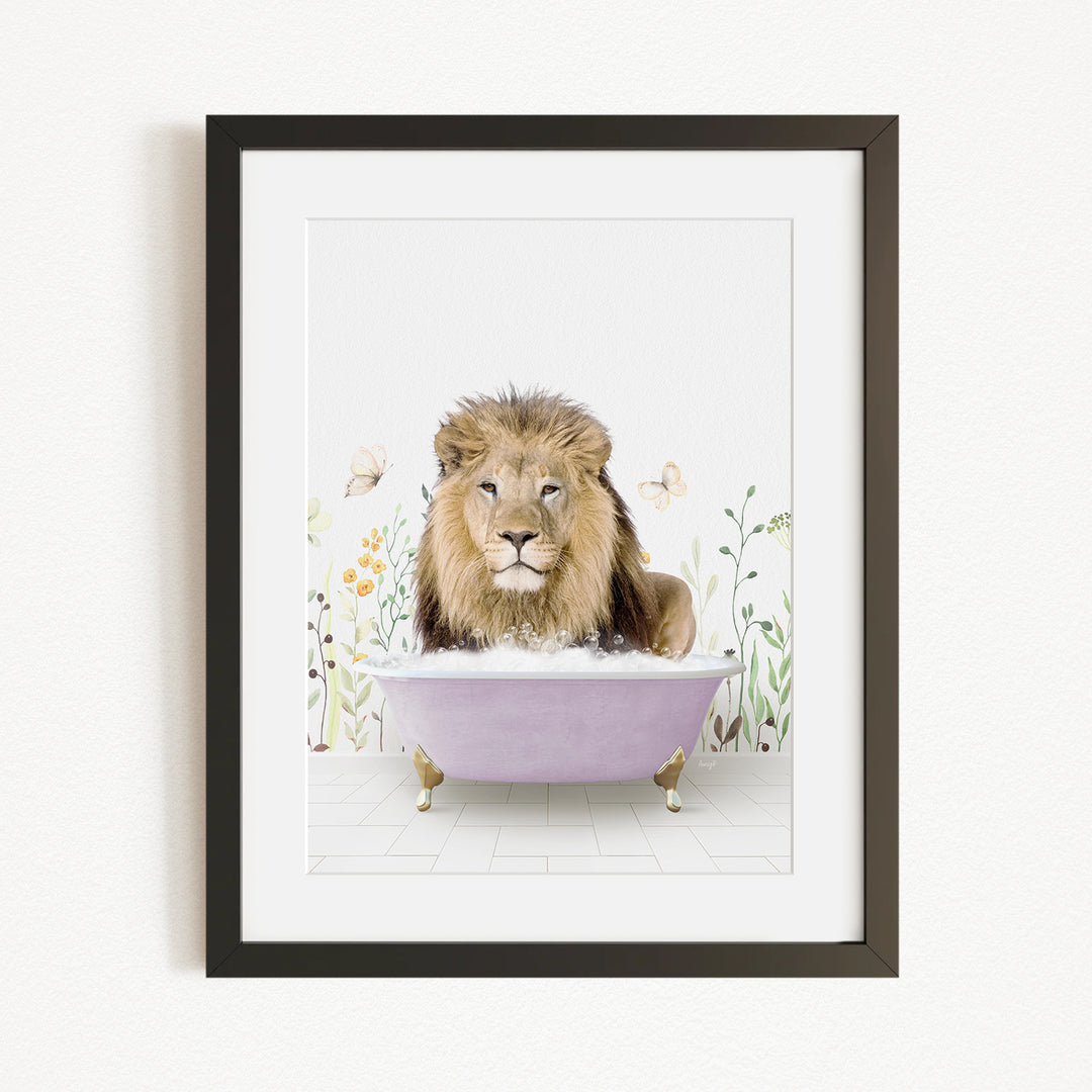 A lion is sitting in a purple bathtub, surrounded by flowers and butterflies, creating a whimsical and playful scene.