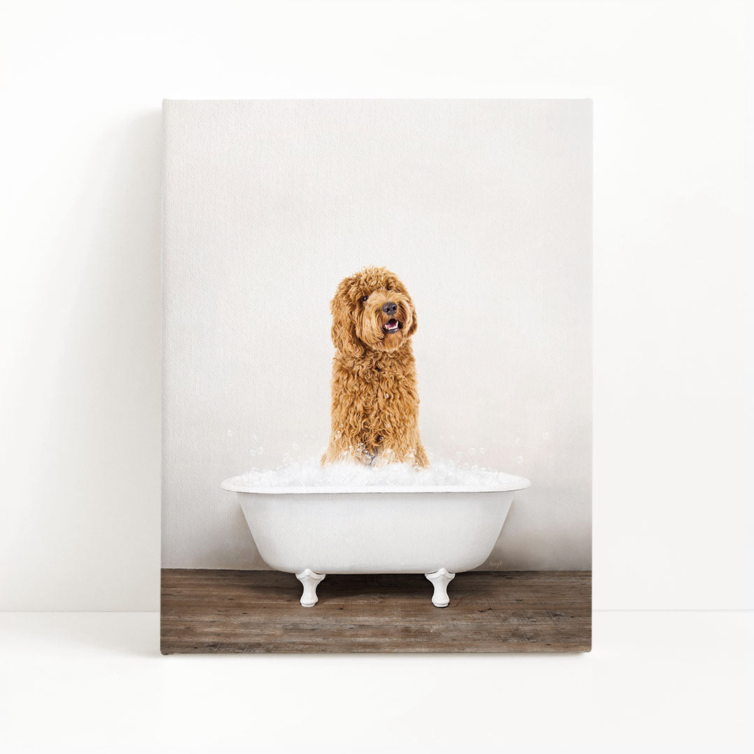A brown dog standing in a white bathtub filled with water, looking up at the camera with a happy expression.