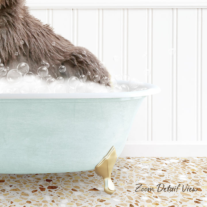 A close-up of a dog's paw in a bathtub filled with bubbles, with a text overlay that reads "Zoom Detail View".