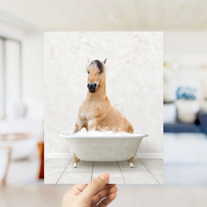 A horse sitting in a bathtub filled with water, with bubbles around it.
