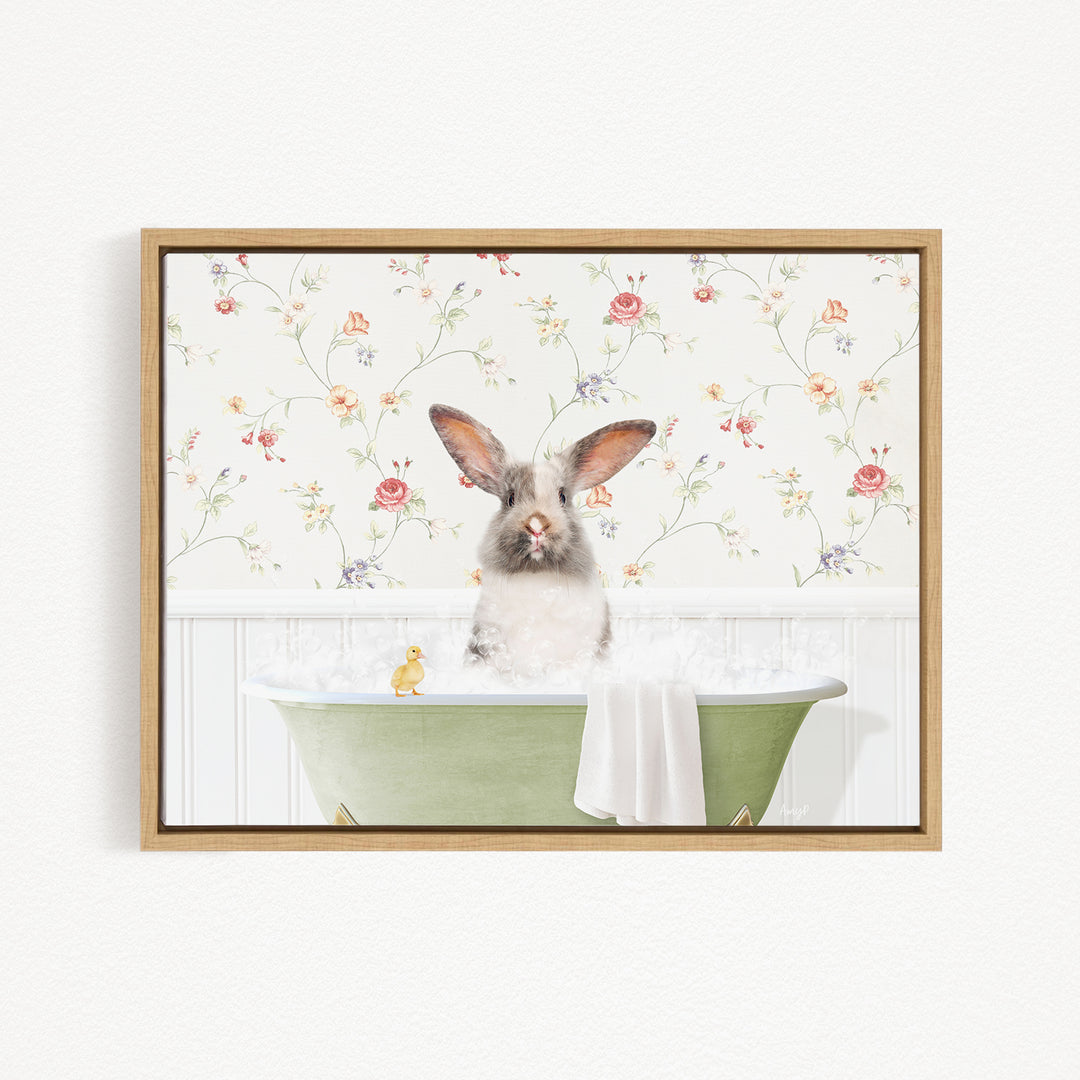 A white rabbit sitting in a green bathtub filled with water, surrounded by a floral wallpaper.