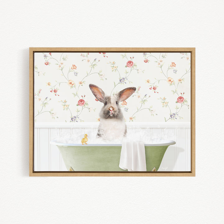 A white rabbit sitting in a green bathtub filled with water, surrounded by a floral wallpaper.