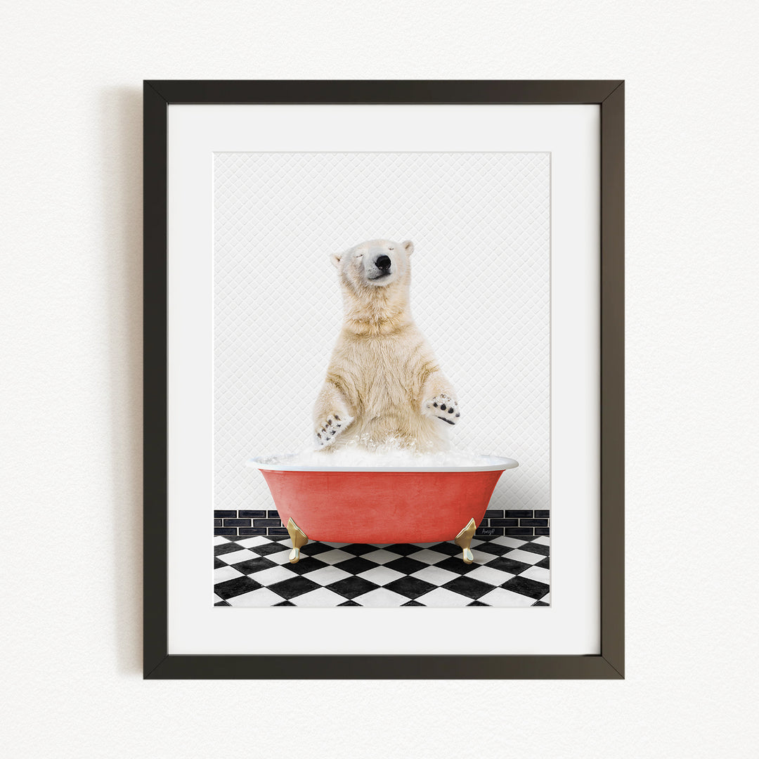 A polar bear standing in a red bathtub filled with water, with a black and white checkered floor beneath it.