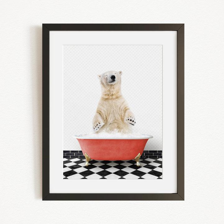 A polar bear standing in a red bathtub filled with water, with a black and white checkered floor beneath it.