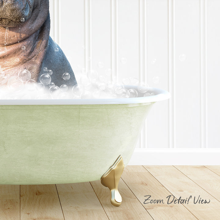 A bathtub filled with bubbles, with a dog sitting inside it.