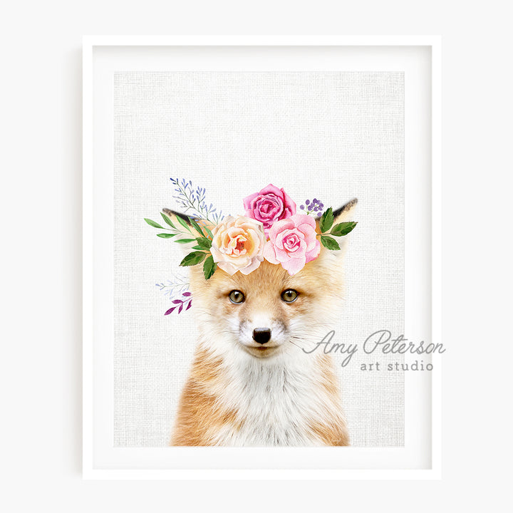 a picture of a fox with flowers on its head