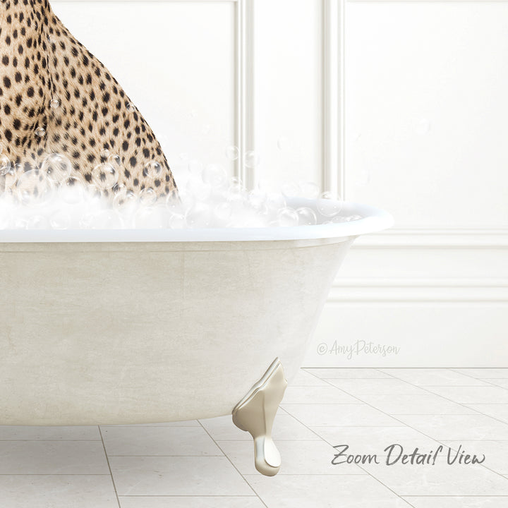 A leopard print bath mat is placed on a white tiled floor, with a white bathtub filled with water and bubbles.
