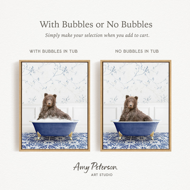 The image is a collage of two framed pictures, each featuring a brown bear sitting in a blue tub. The text above the images reads "With Bubbles or No Bubbles" and below the images, it says "Simply make your selection when you add to cart."