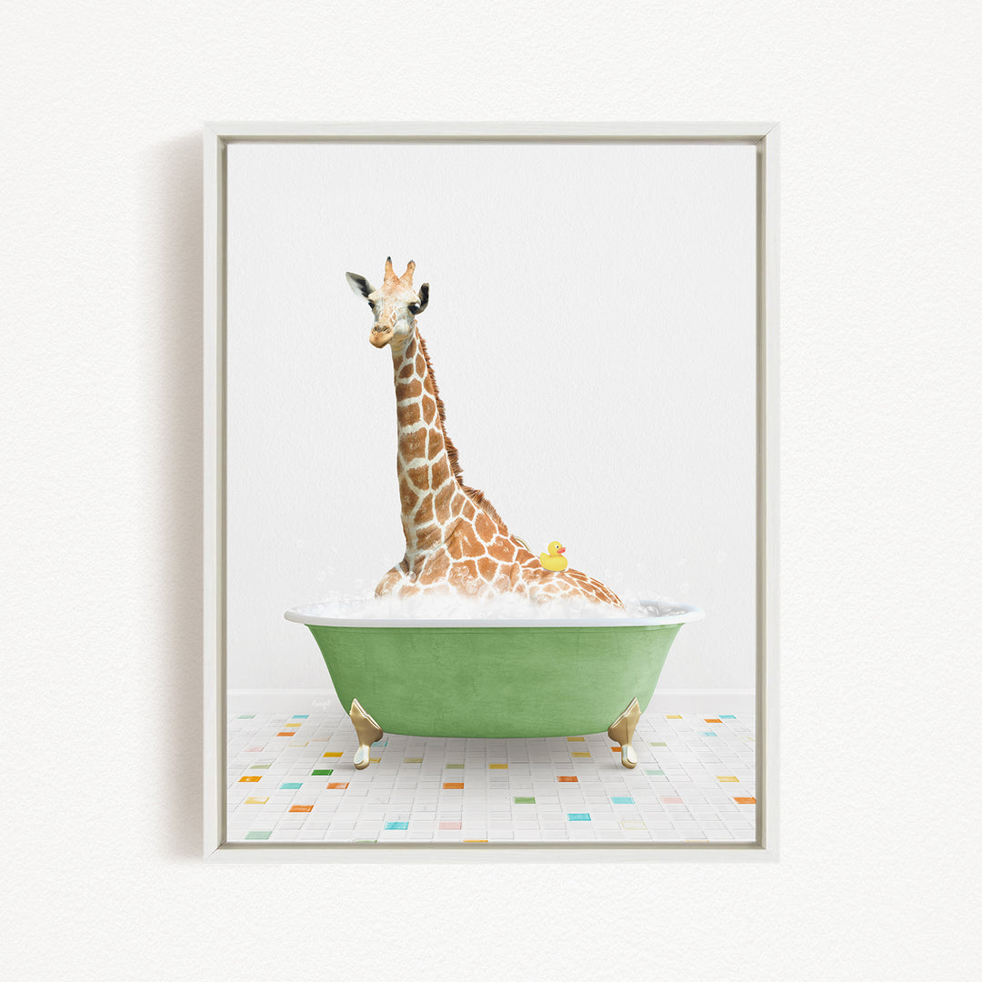 A giraffe is sitting in a green bathtub filled with bubbles, surrounded by a colorful tiled floor.