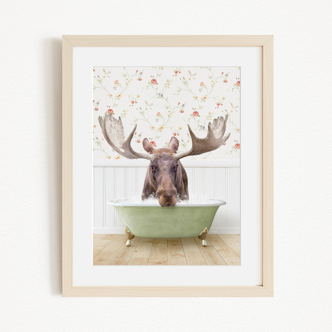 A moose with large antlers is sitting in a green bathtub, surrounded by a floral wallpaper.