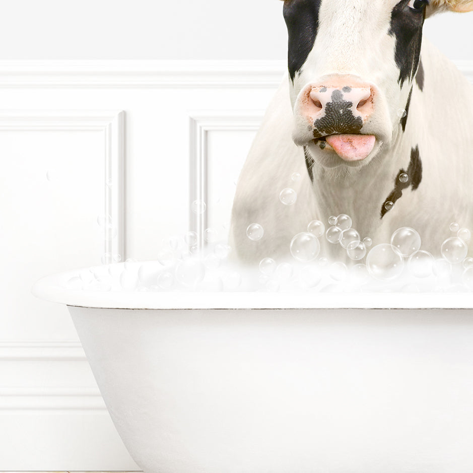 a cow sticking its head out of a bathtub