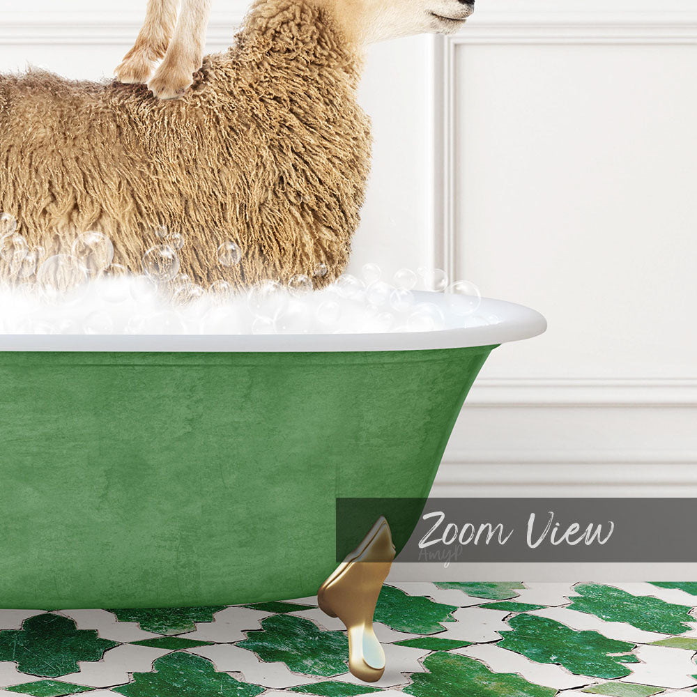 A fluffy brown sheep is standing in a green bathtub filled with bubbles, with a gold faucet and a white wall in the background.